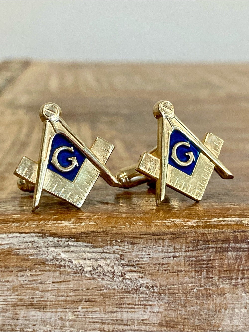 Vintage Masonic Square & Compass Cufflinks with Blue Enamel Gold Tone